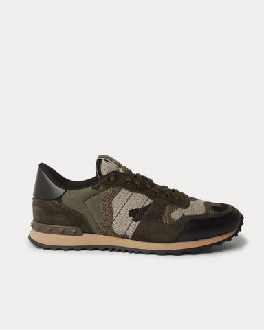 Valentino Rockrunner Camouflage-Print Mesh, Leather and Suede  Green low top sneakers