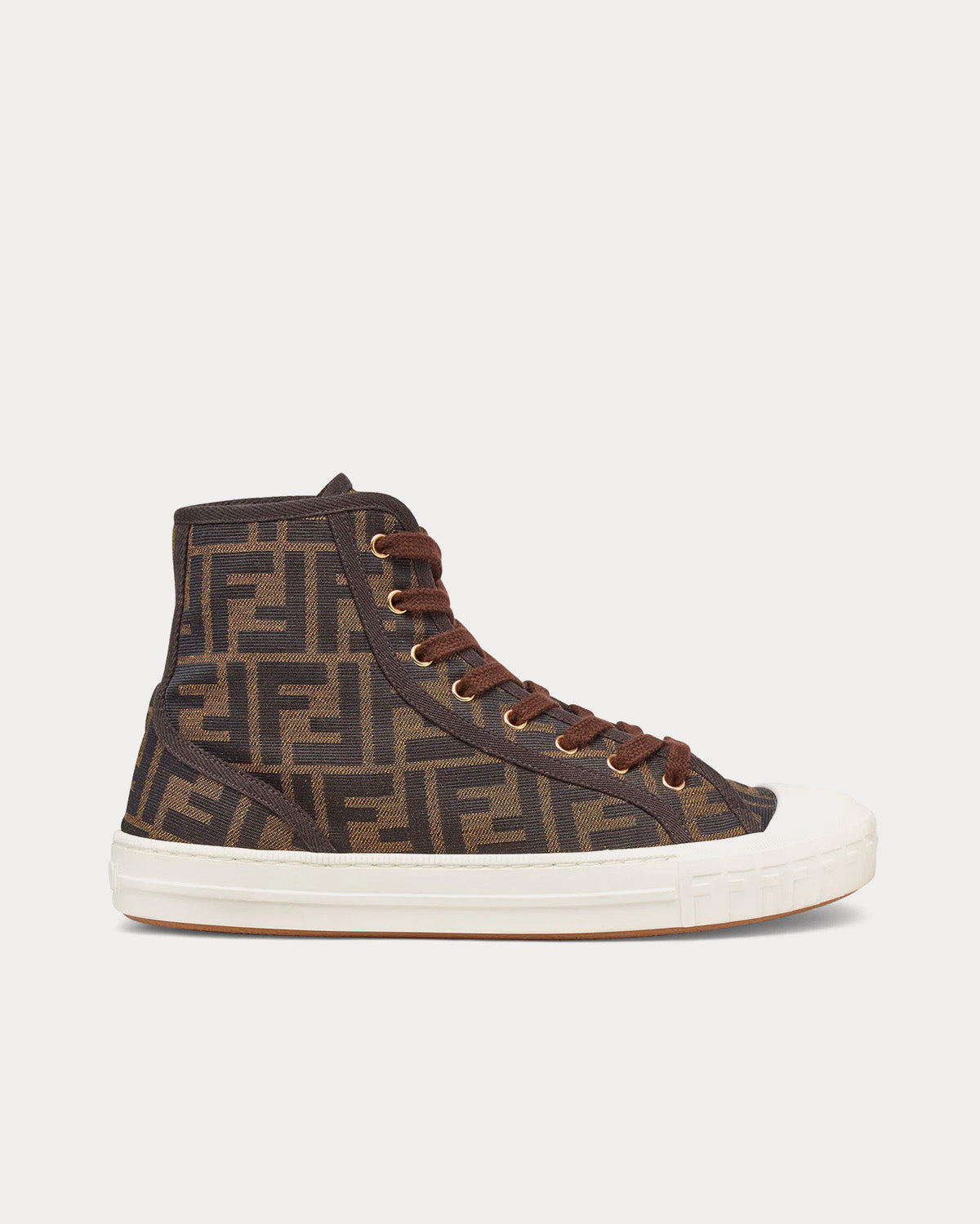 Fendi Domino FF Jacquard Fabric Brown High Top Sneakers - 1