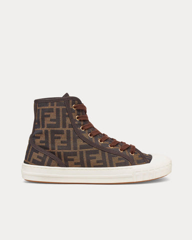 Fendi Domino FF Jacquard Fabric Brown High Top Sneakers