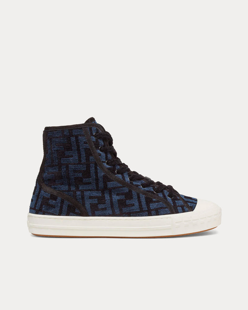 Fendi Domino FF Jacquard Fabric Blue High Top Sneakers - 1