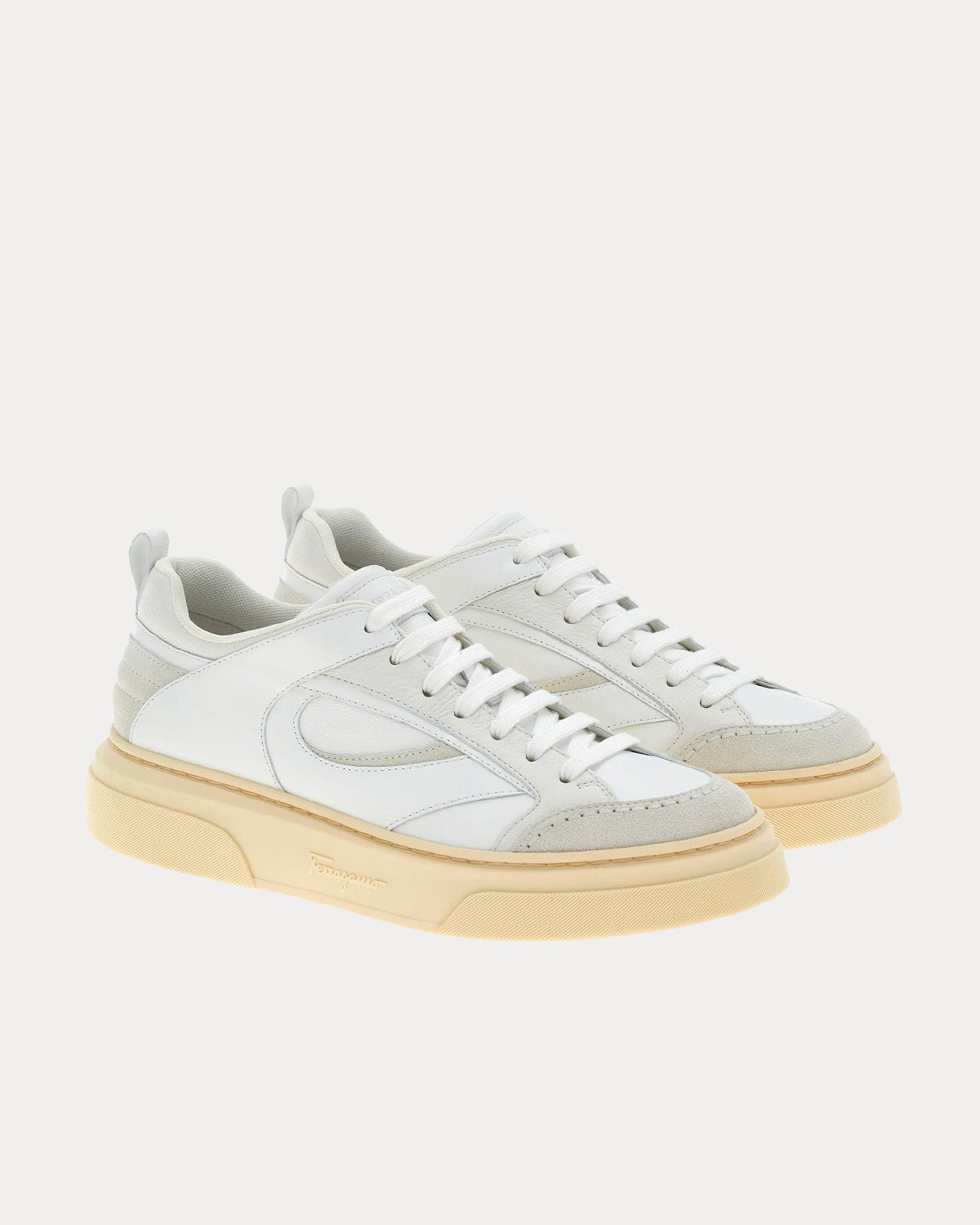 Ferragamo Shaped Inserts Leather Optic White Low Top Sneakers - 3