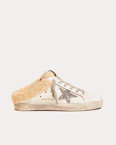 Golden Goose Super-Star Sabots Silver Glitter Star & Shearling Lining White Low Top Sneakers