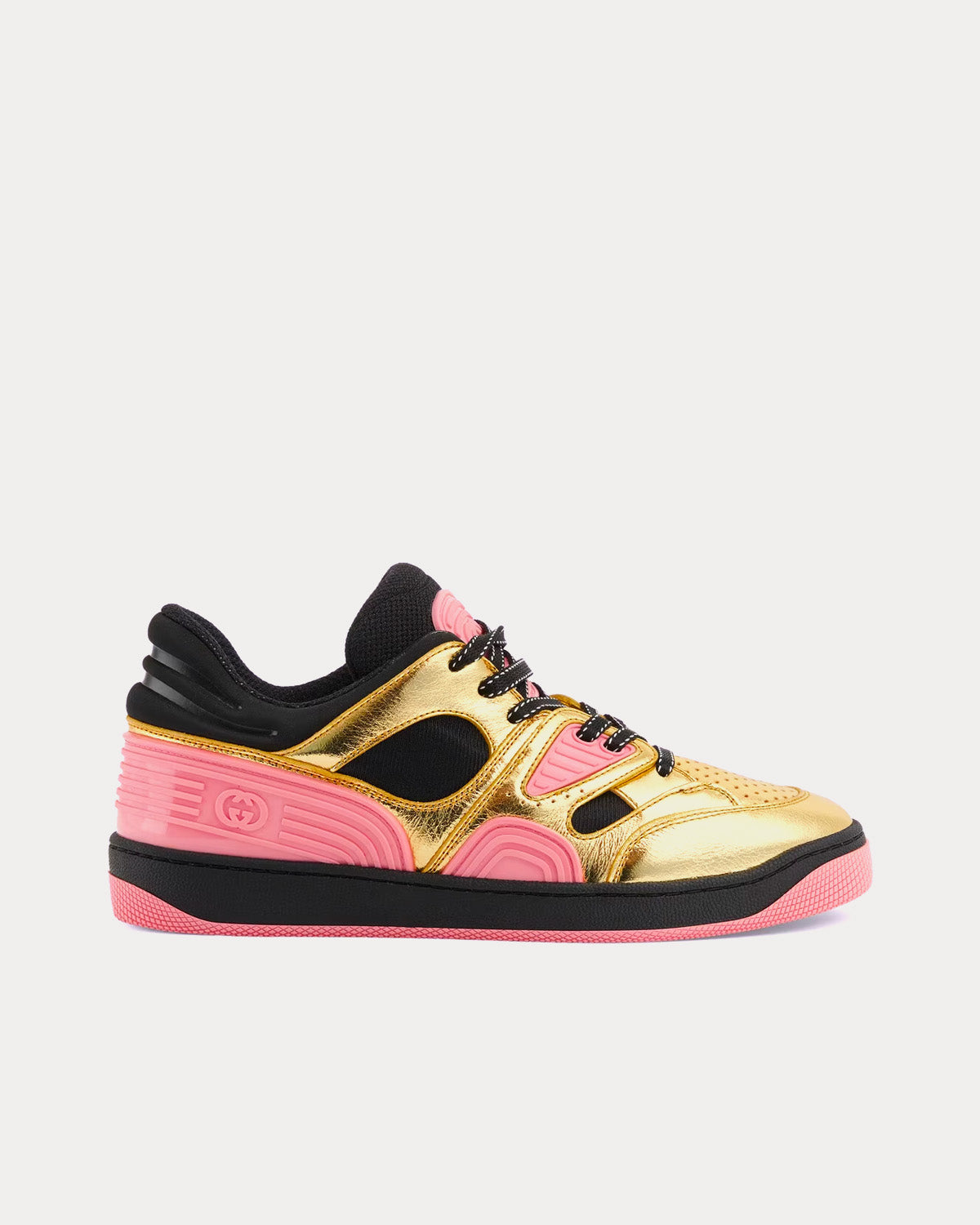 Gucci Basket Leather Gold Metallic / Pink Low Top Sneakers - 1