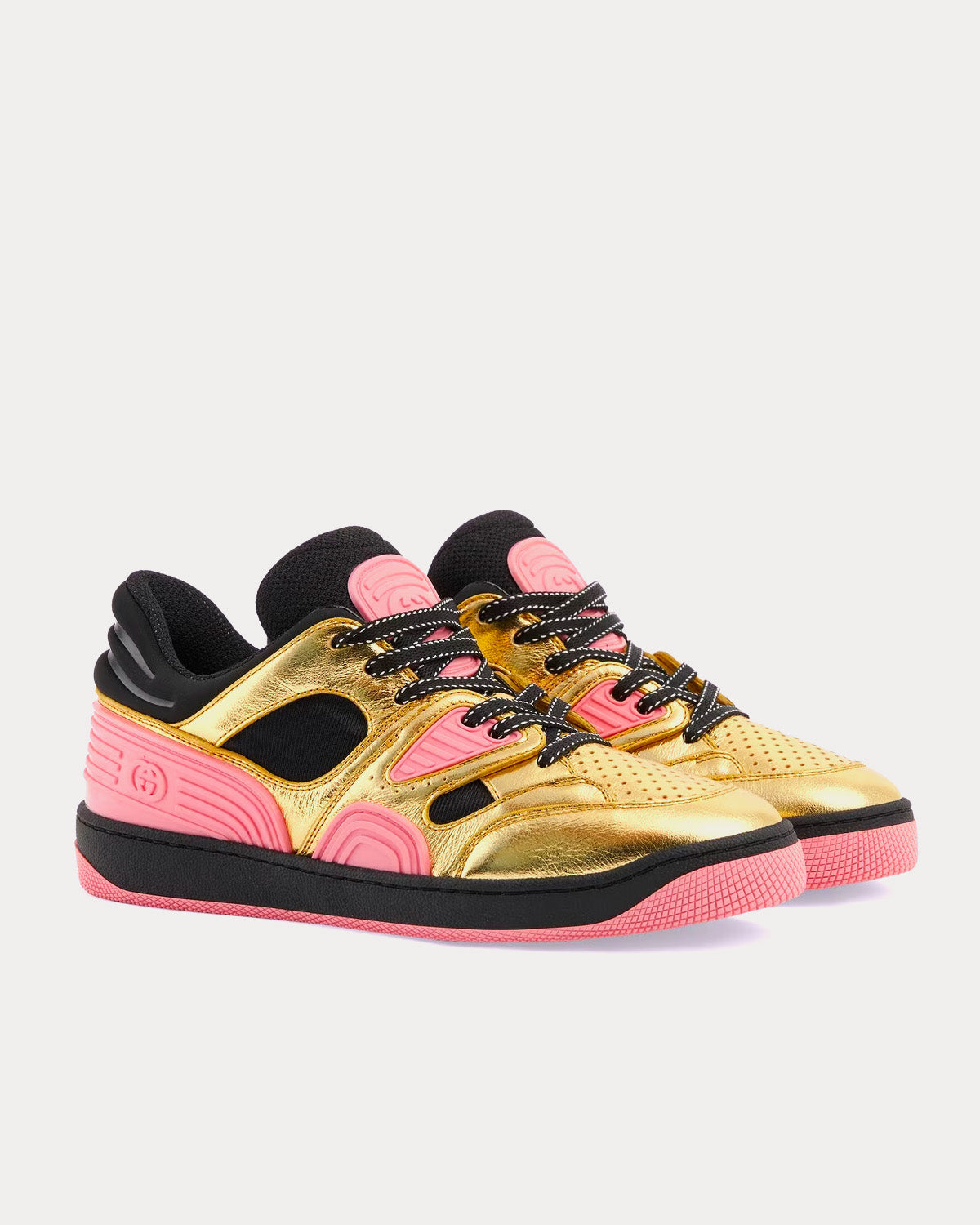 Gucci Basket Leather Gold Metallic / Pink Low Top Sneakers - 3