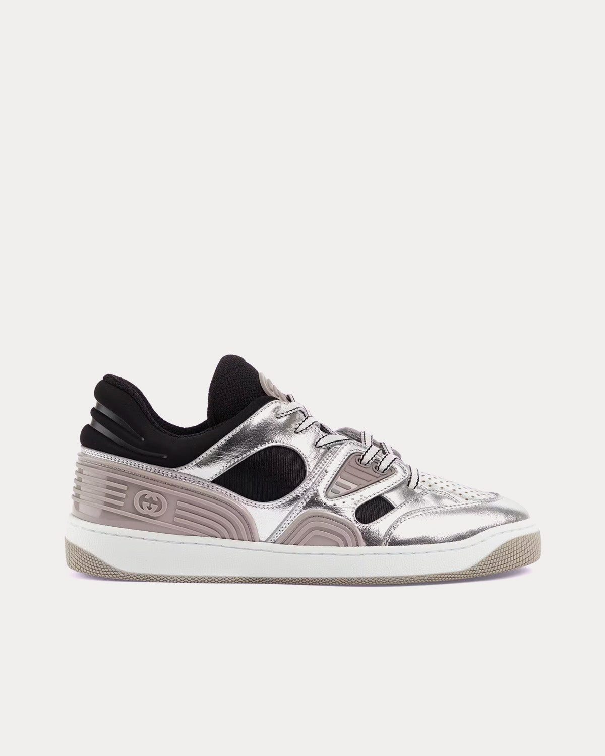 Gucci Basket Leather Silver Metallic Low Top Sneakers - 1