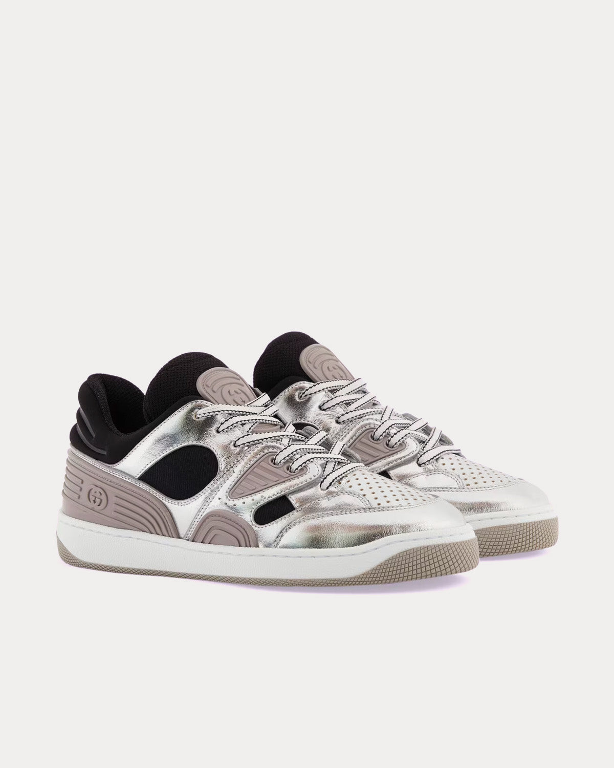 Gucci Basket Leather Silver Metallic Low Top Sneakers - 3