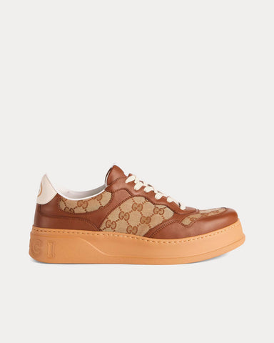 Gucci GG Canvas Beige & Ebony Leather Brown Low Top Sneakers