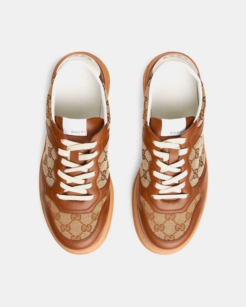 Gucci GG Canvas Beige & Ebony Leather Brown Low Top Sneakers - 2