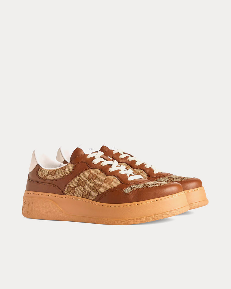 Gucci GG Canvas Beige & Ebony Leather Brown Low Top Sneakers - 3