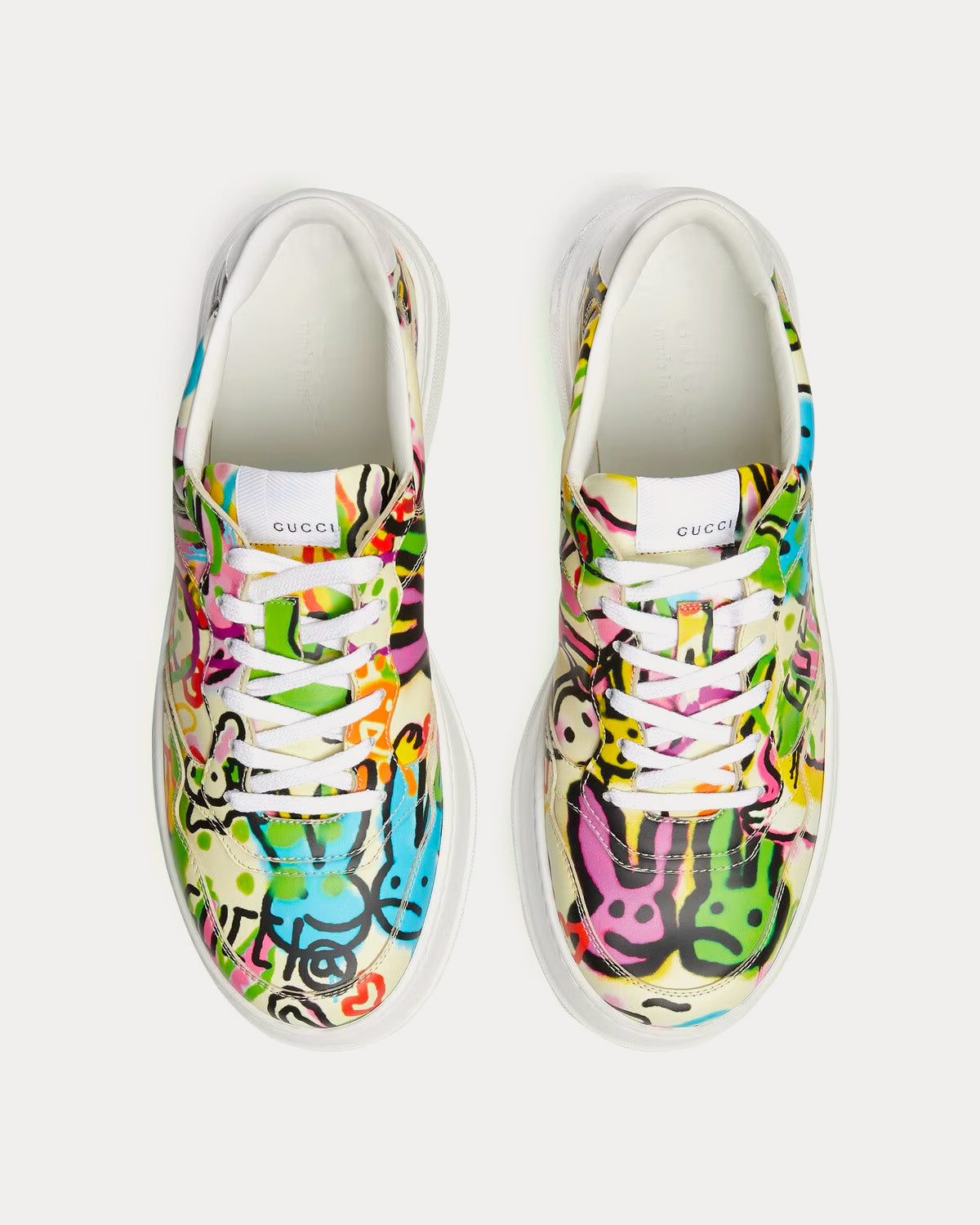 Gucci Platform Bunny Graffiti Print Leather Ivory /  Multicolour Low Top Sneakers - 2