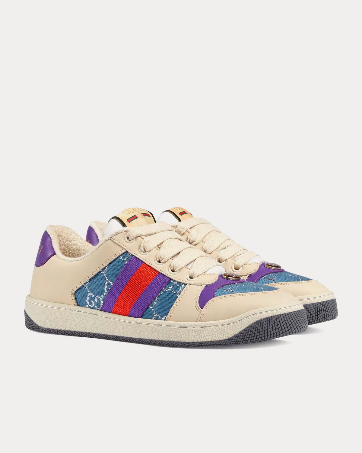 Gucci Screener with Web GG Lamé Beige / Blue / Purple Low Top Sneakers - 3