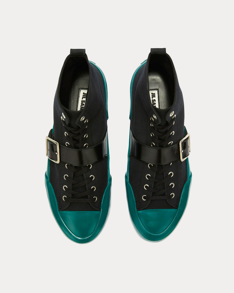 Jil Sander Vulcanised Rubber & Canvas Buckle Black / Turquoise High Top Sneakers - 2