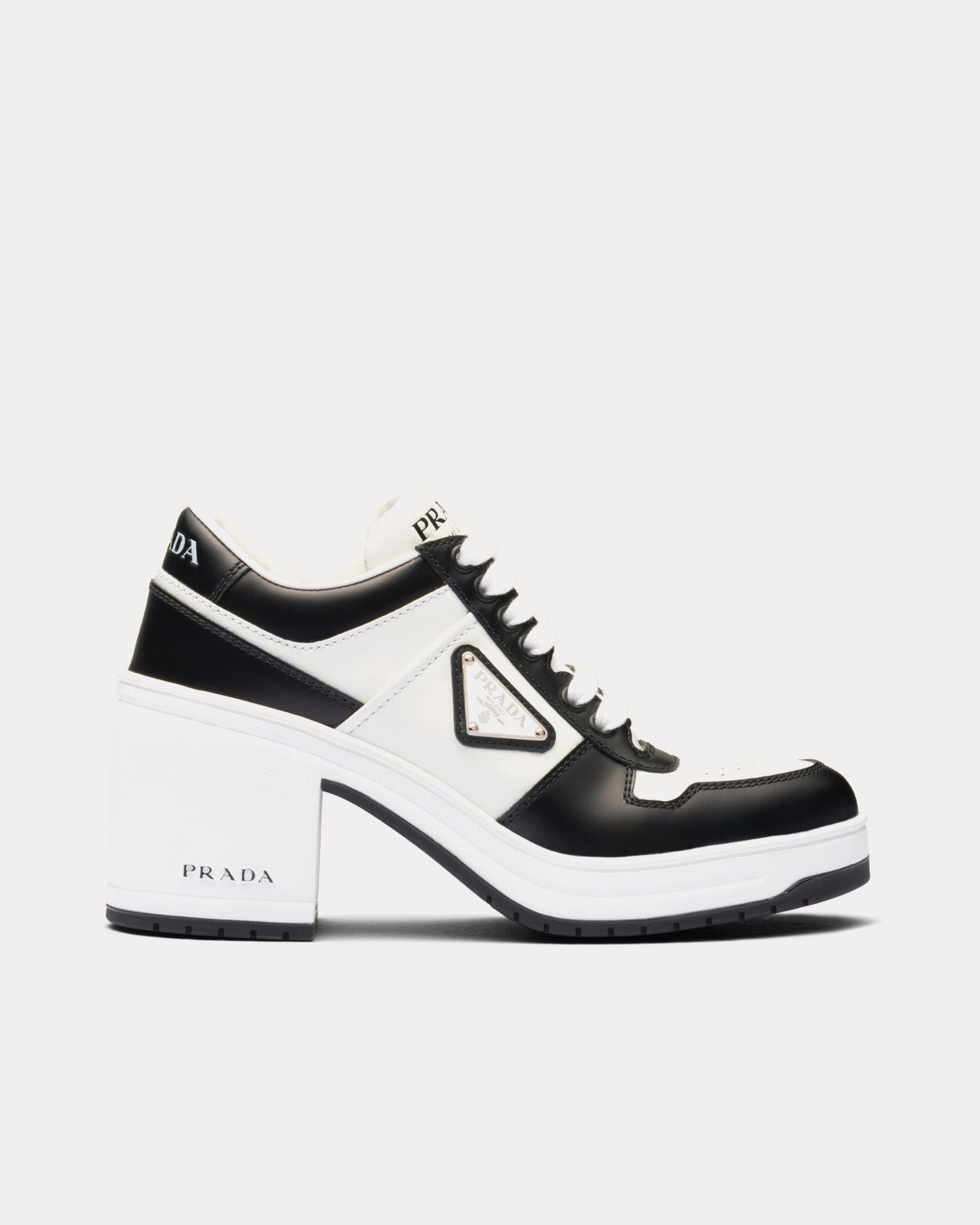 Prada Downtown High Heeled Leather Black White Low Top sneakers Sneak in Peace