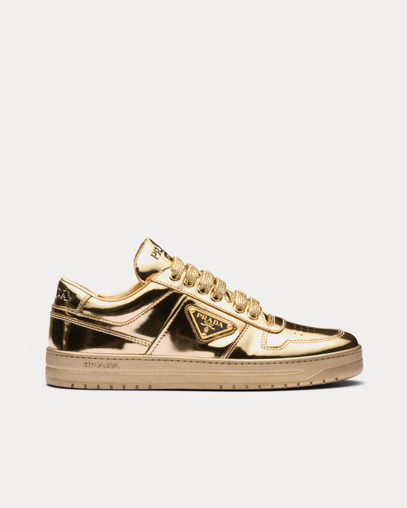 Prada Downtown Metallic Leather Platinum Low Top Sneakers - 1