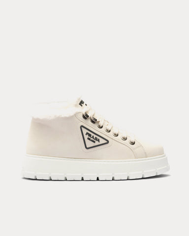 Prada Nylon Lace-Up Booties Chalk White High Top Sneakers