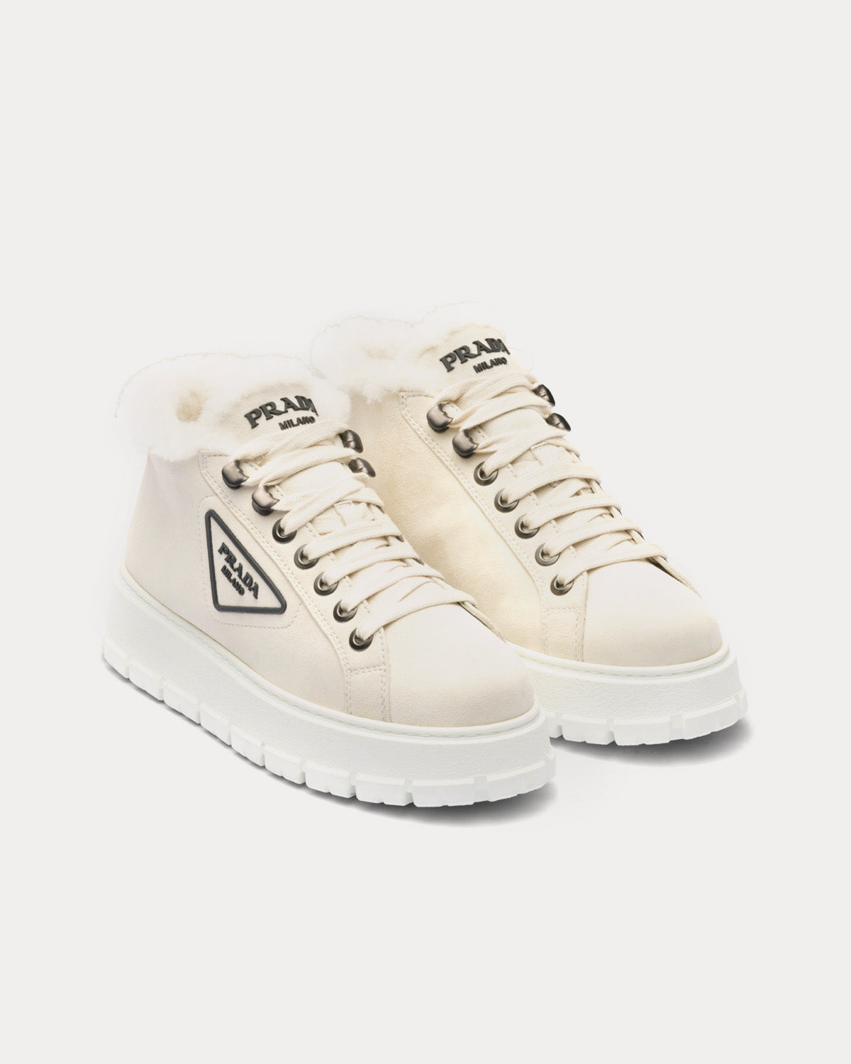 Prada Nylon Lace-Up Booties Chalk White High Top Sneakers - 2