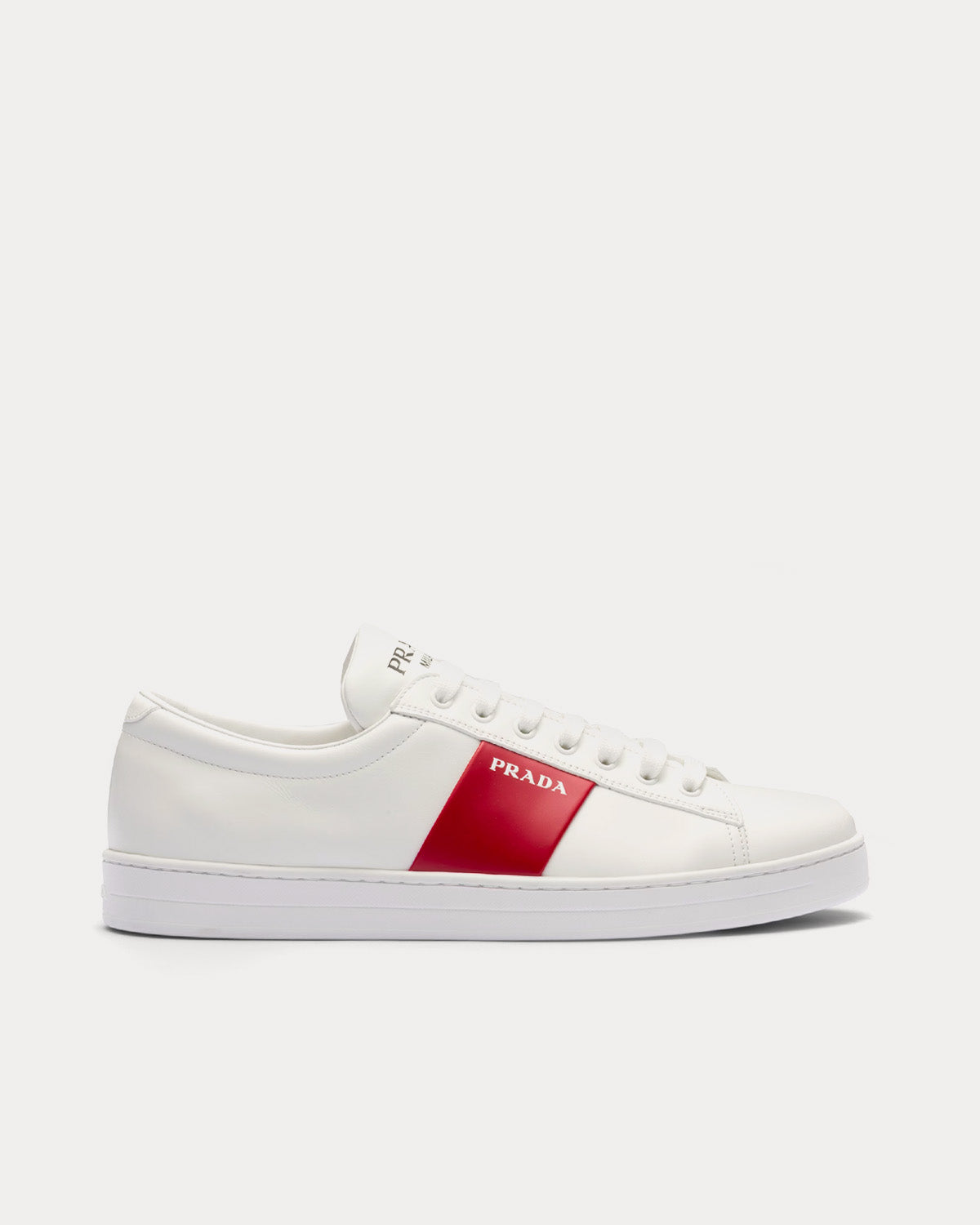 Prada Brushed Leather White / Scarlet Low Top Sneakers - 1