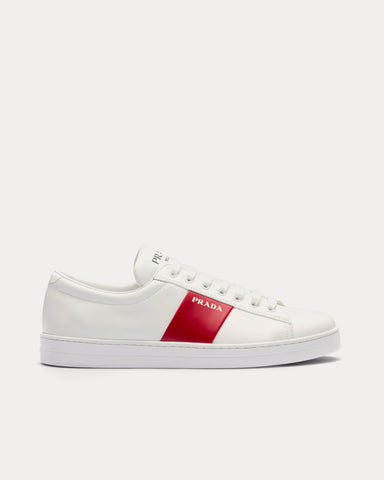 Prada Brushed Leather White / Scarlet Low Top Sneakers