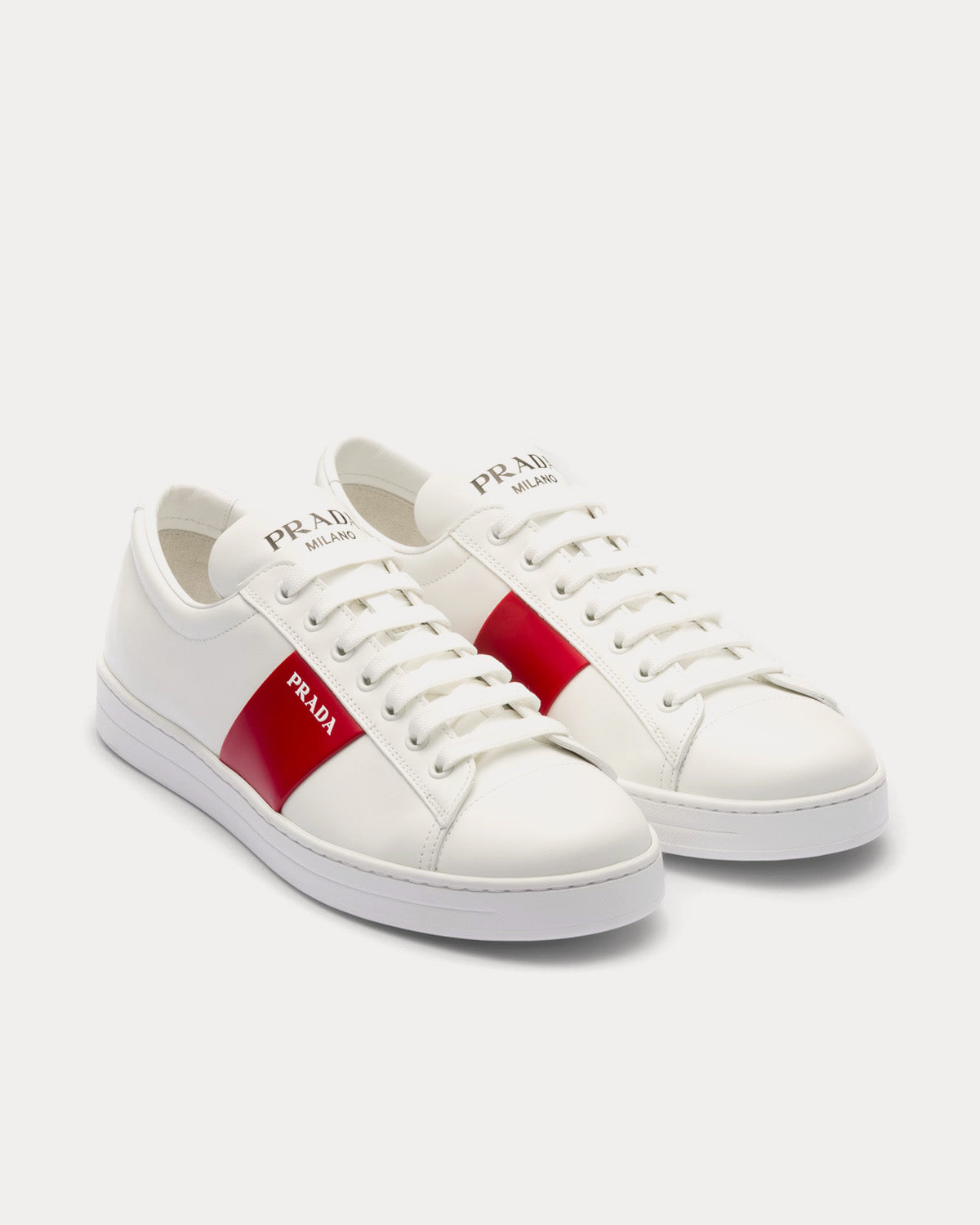 Prada Brushed Leather White / Scarlet Low Top Sneakers - 2