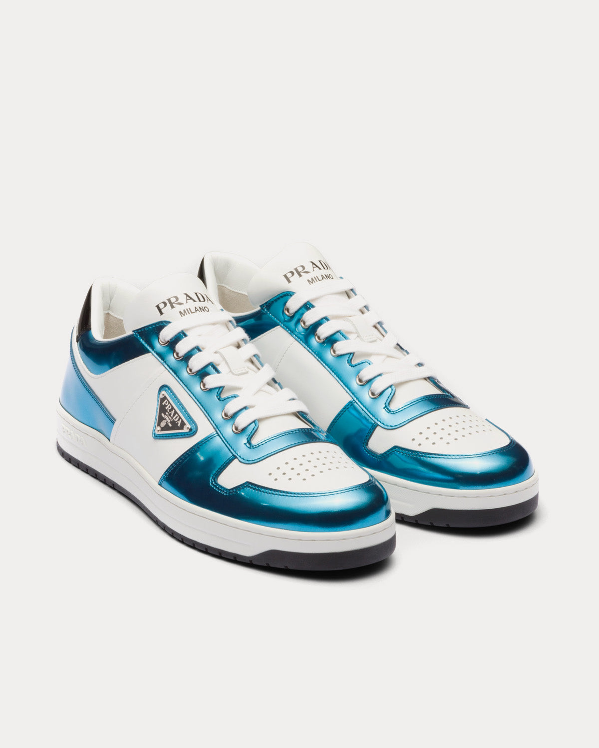 Prada Downtown Leather White / Sky Blue Low Top Sneakers - 2