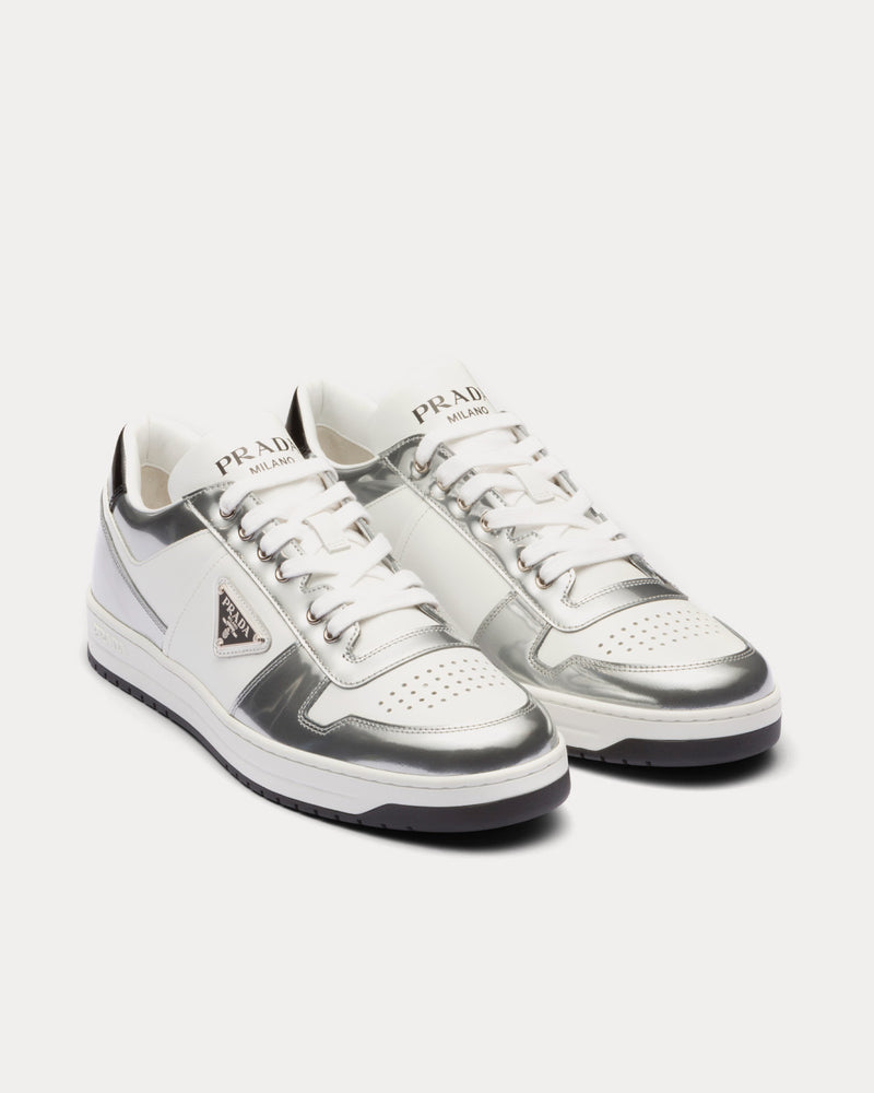 Prada Downtown Leather White / Silver Low Top Sneakers - 2