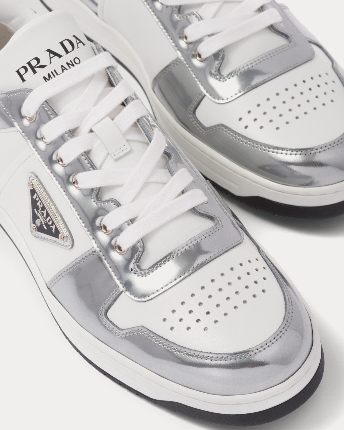 Prada Downtown Leather White / Silver Low Top Sneakers - 4