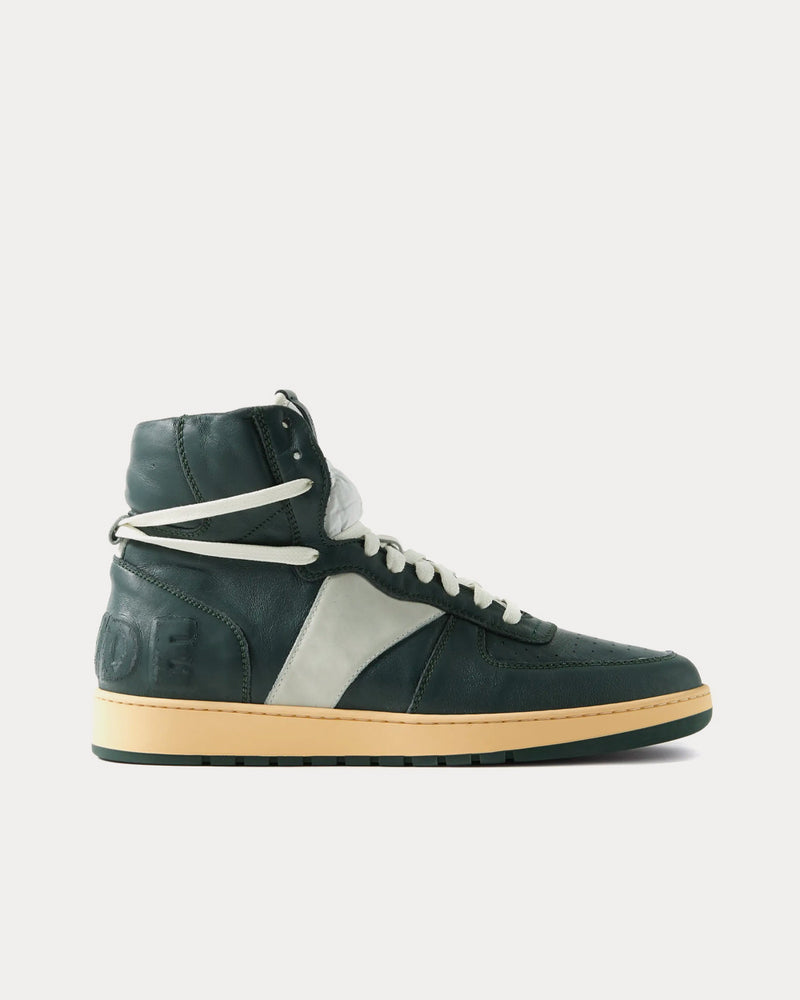 Rhude Rhecess Logo-Appliquéd Distressed Leather Dark Green High Top Sneakers - 1