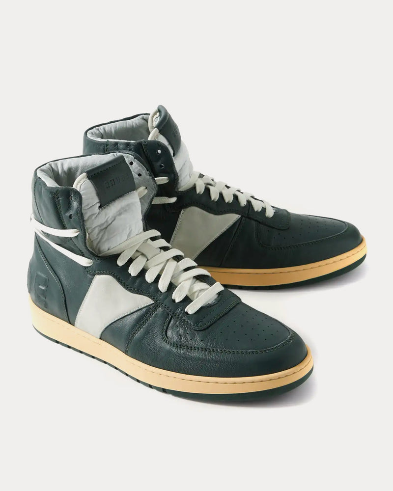 Rhude Rhecess Logo-Appliquéd Distressed Leather Dark Green High Top Sneakers - 2