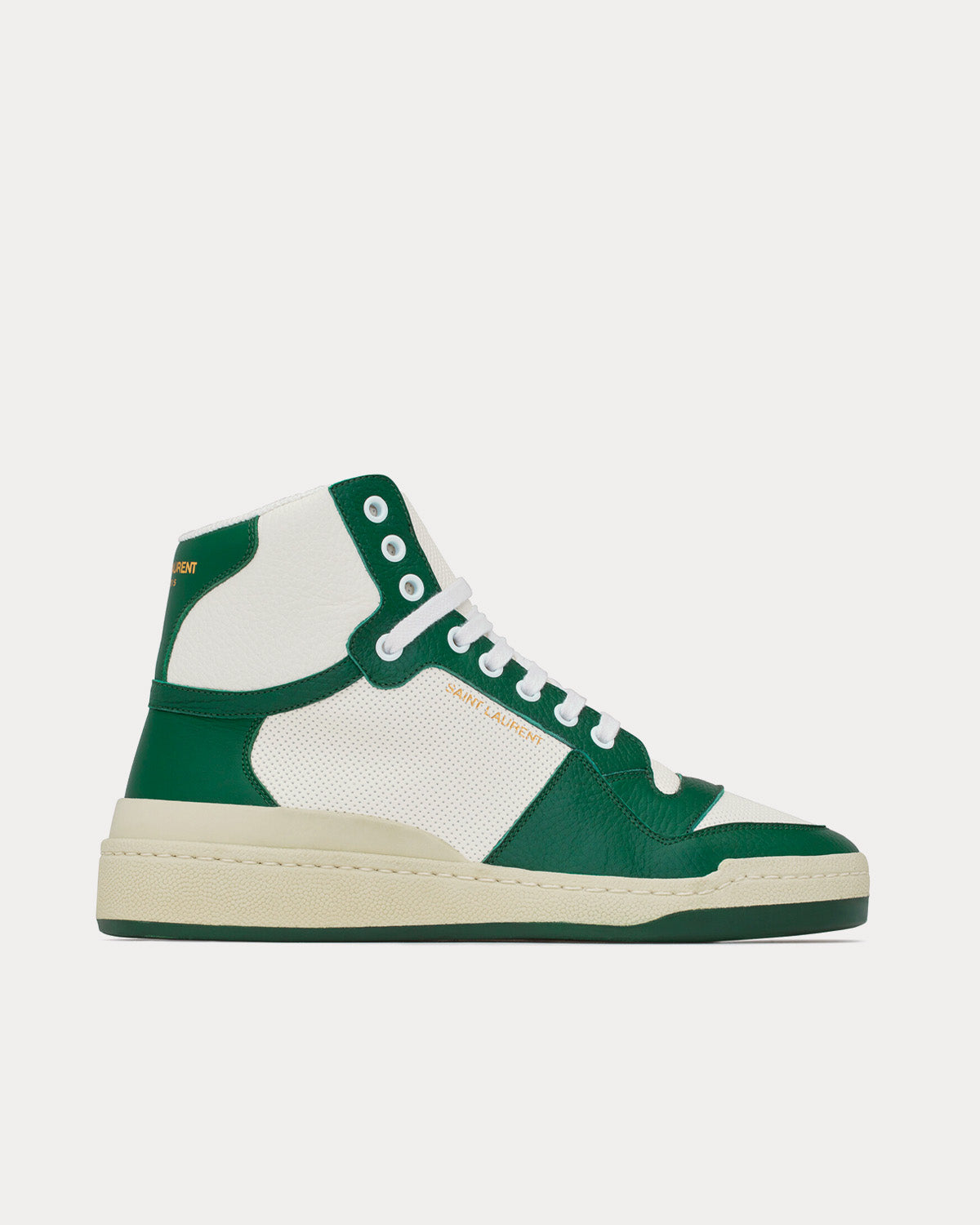 Saint Laurent SL/24 Smooth & Perforated Leather White / Dark Green High Top Sneakers - 1