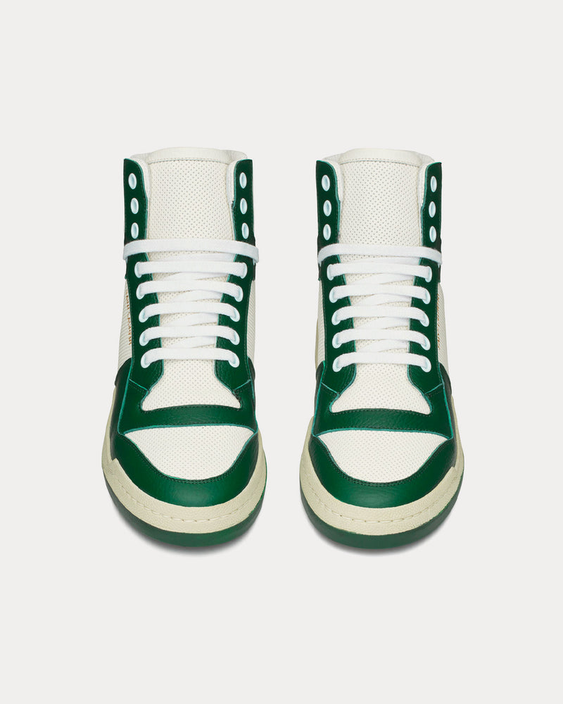 Saint Laurent SL/24 Smooth & Perforated Leather White / Dark Green High Top Sneakers - 2