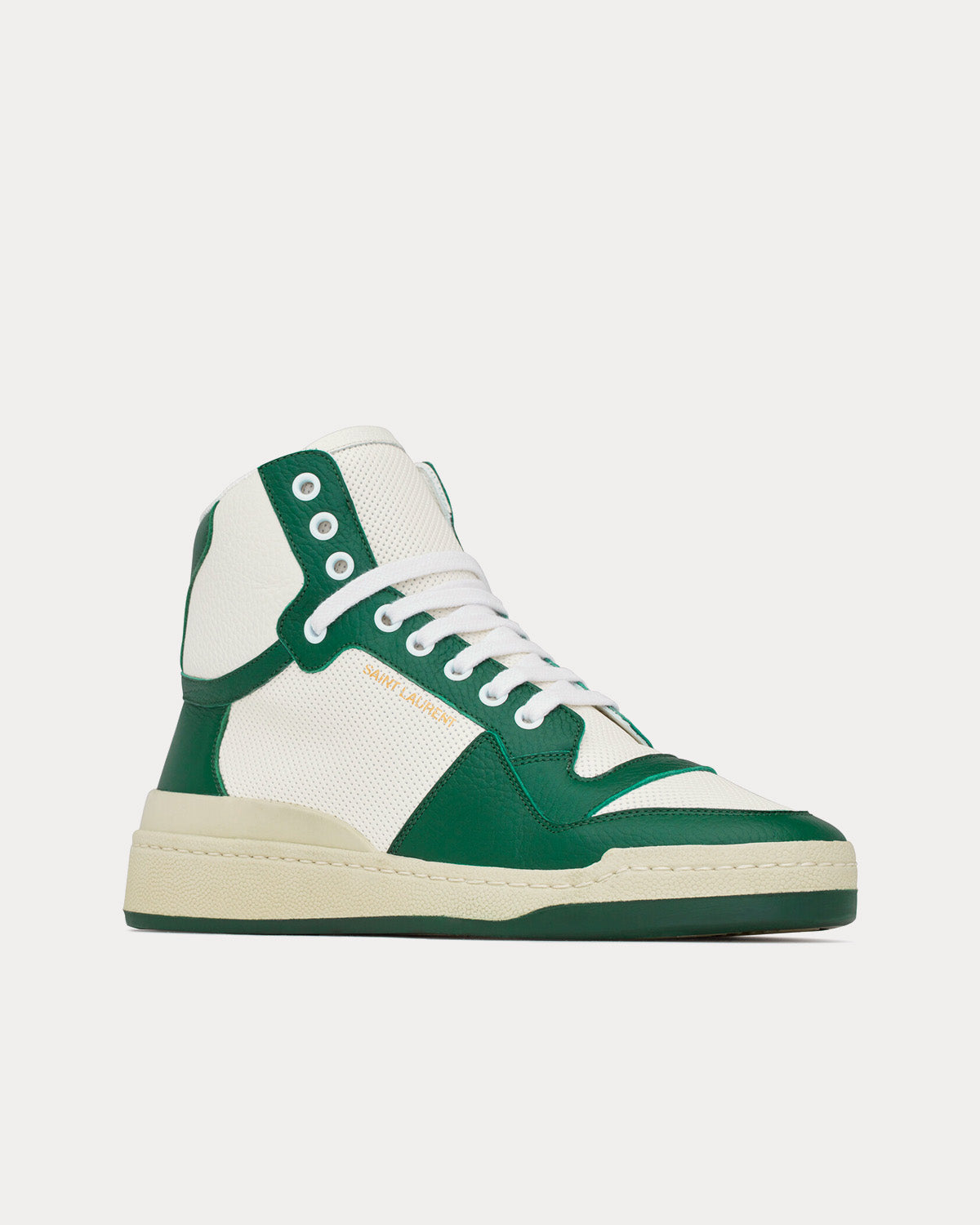 Saint Laurent SL/24 Smooth & Perforated Leather White / Dark Green High Top Sneakers - 3