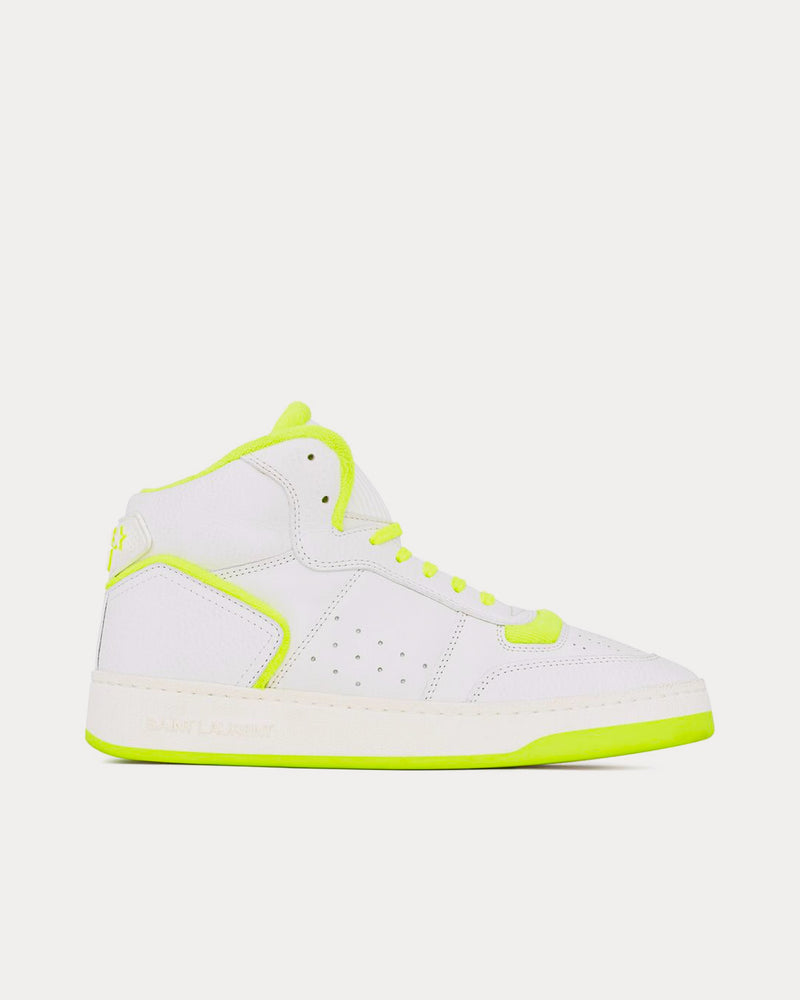 Saint Laurent SL/80 Smooth & Grained Leather Blanc Optique et Jaune Fluo Mid Top Sneakers - 1