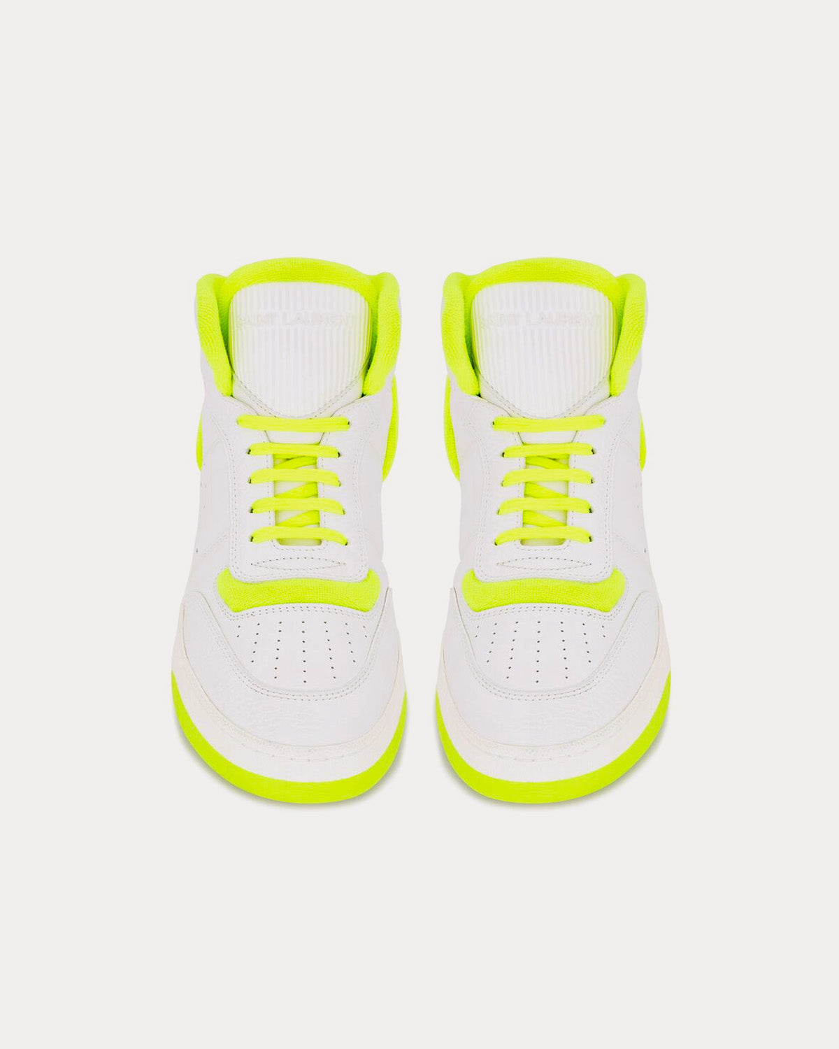 Saint Laurent SL/80 Smooth & Grained Leather Blanc Optique et Jaune Fluo Mid Top Sneakers - 2