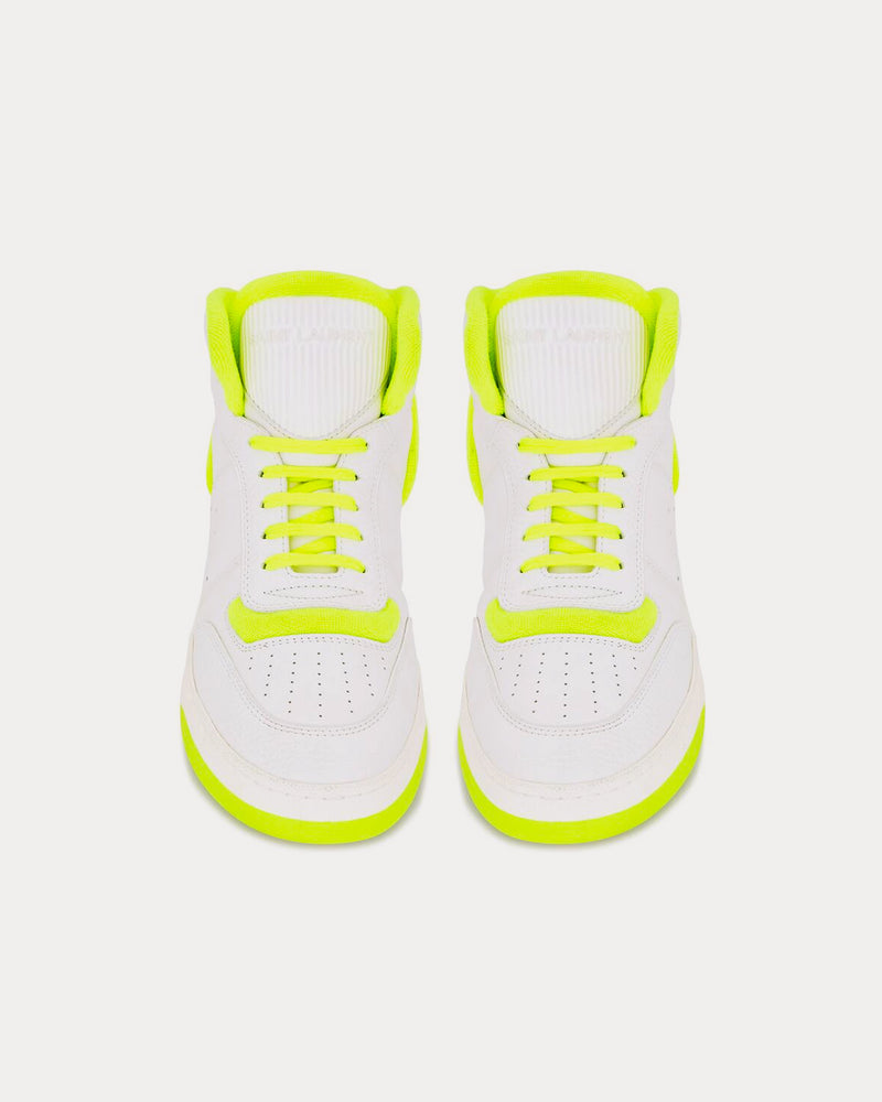 Saint Laurent SL/80 Smooth & Grained Leather Blanc Optique et Jaune Fluo Mid Top Sneakers - 2