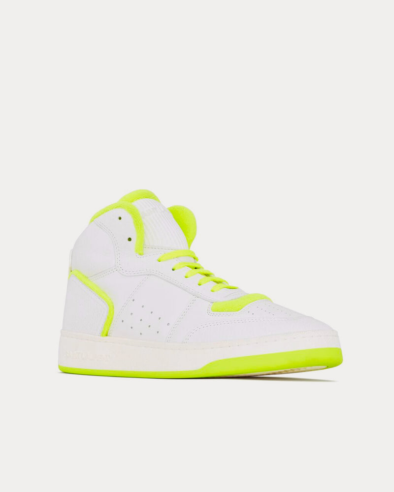 Saint Laurent SL/80 Smooth & Grained Leather Blanc Optique et Jaune Fluo Mid Top Sneakers - 3