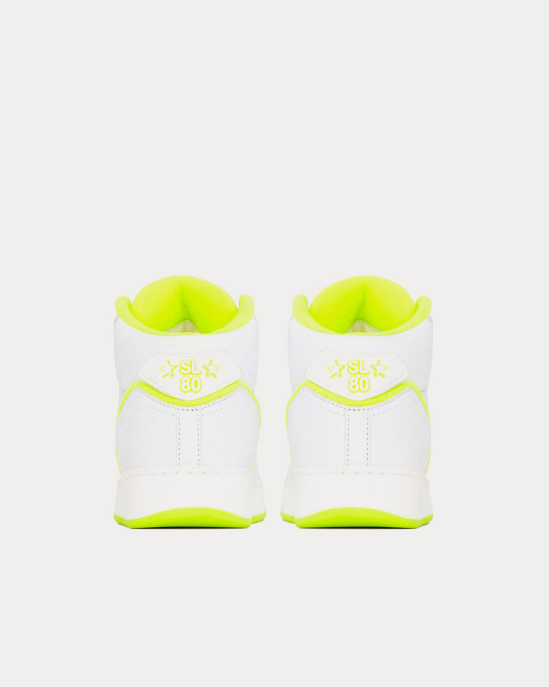 Saint Laurent SL/80 Smooth & Grained Leather Blanc Optique et Jaune Fluo Mid Top Sneakers - 4