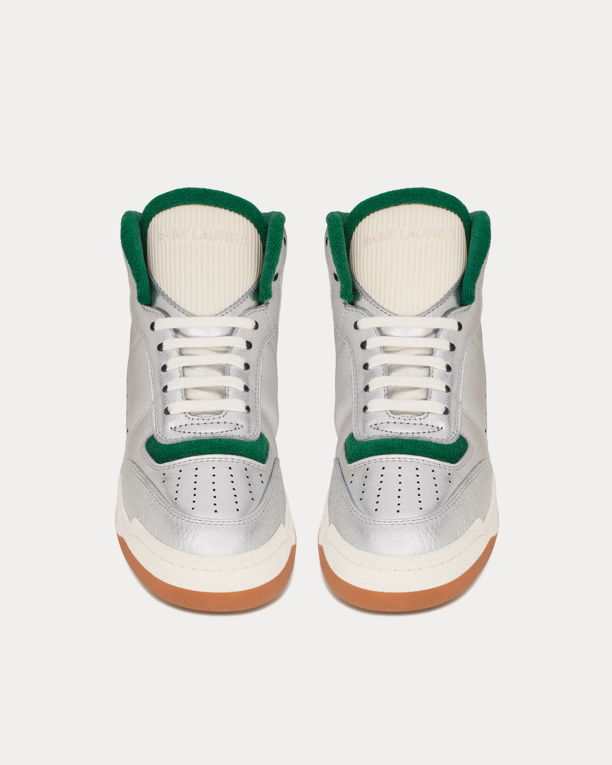 Saint Laurent SL/80 Metallic & Smooth Leather Argent Et Dark Emerald Green Mid Top Sneakers - 2