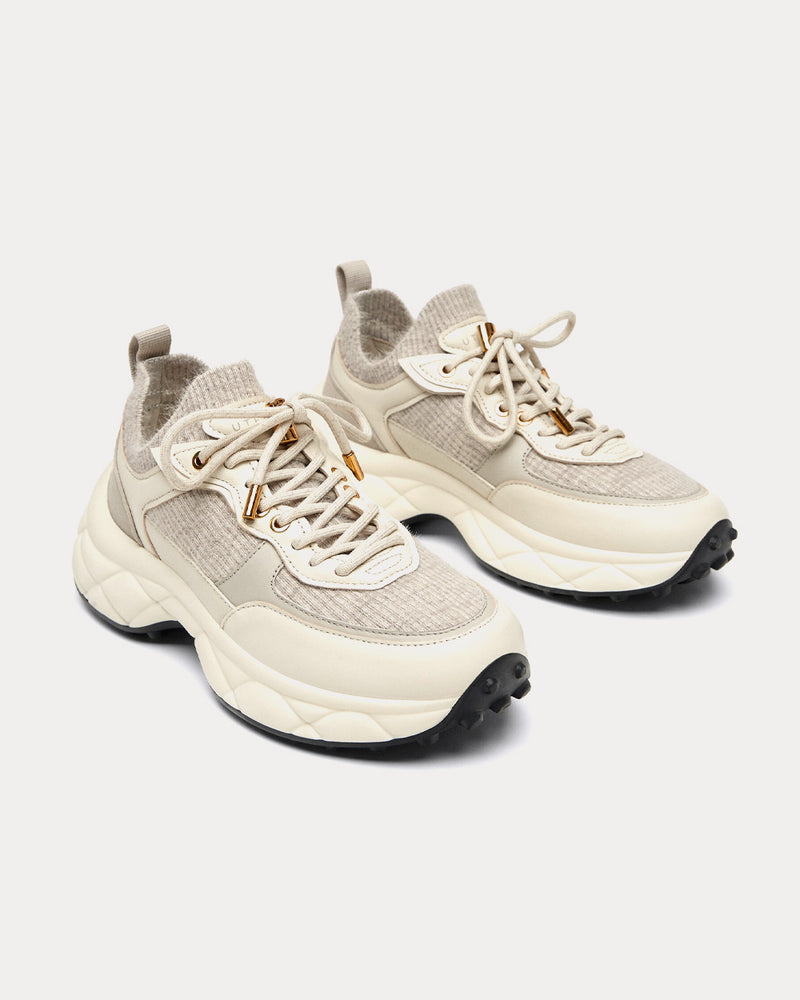 Uterqüe Leather & Knit Beige Low Top Sneakers - 2