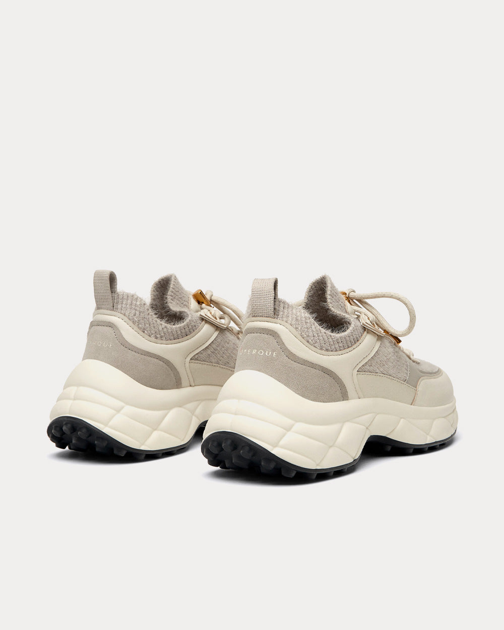 Uterqüe Leather & Knit Beige Low Top Sneakers - 3