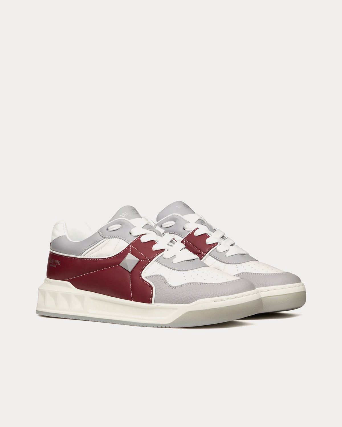 Valentino One Stud Nappa Leather White / Cherry / Pastel Grey Low Top Sneakers - 3