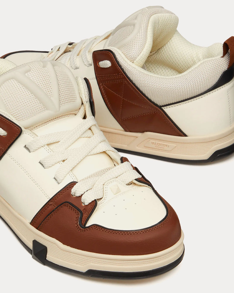 Valentino Open Skate Calfskin & Fabric Ivory / Chocolate Brown Low Top Sneakers - 5