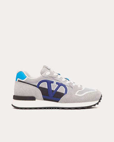 Valentino VLogo Pace Split Leather, Fabric & Calfskin Grey / Blue Low Top Sneakers