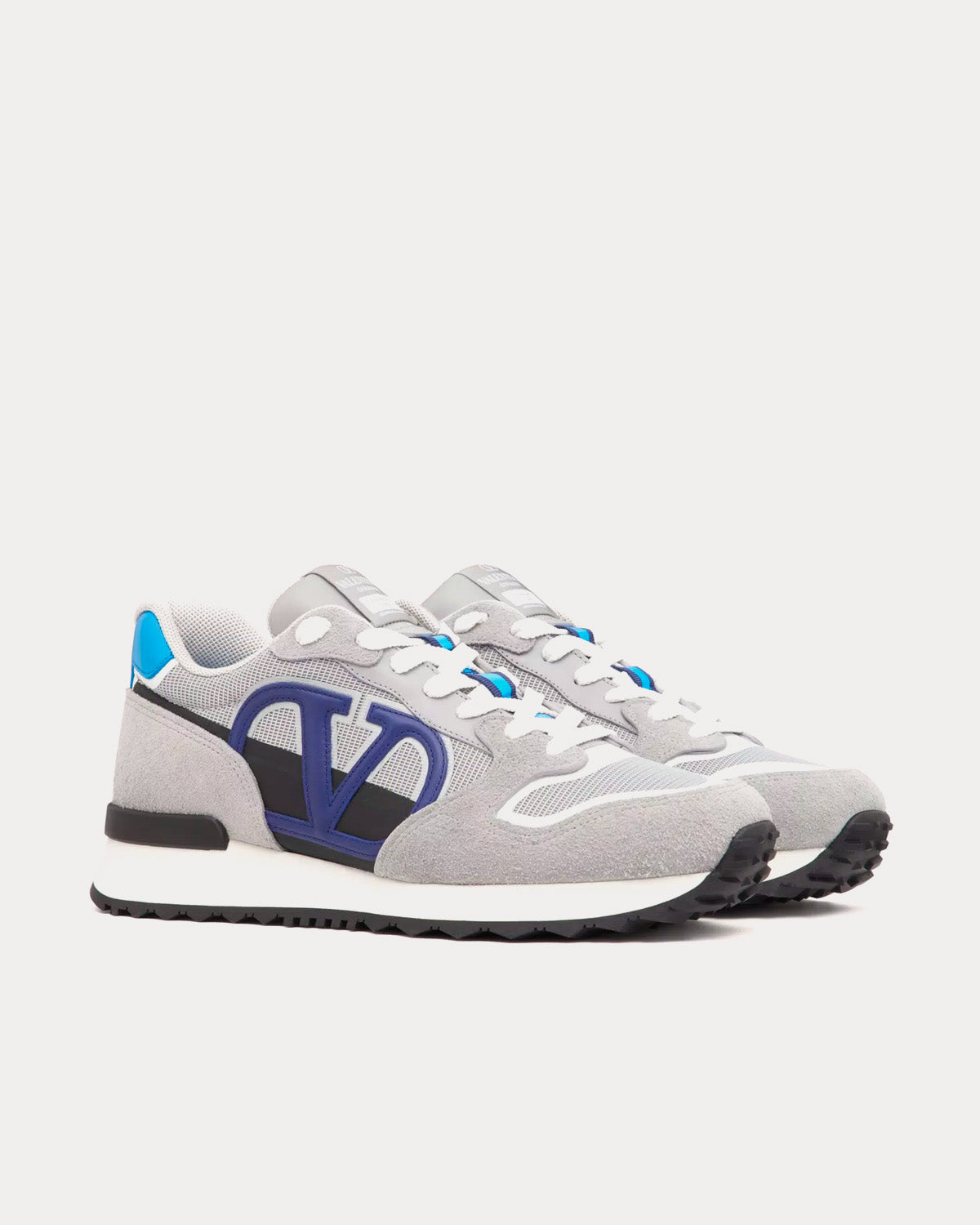 Valentino VLogo Pace Split Leather, Fabric & Calfskin Grey / Blue Low Top Sneakers - 3